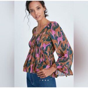 Farm Rio Anthropologie Womens XS Jirafas Ruffled Blouse in Novelty Shirt Top